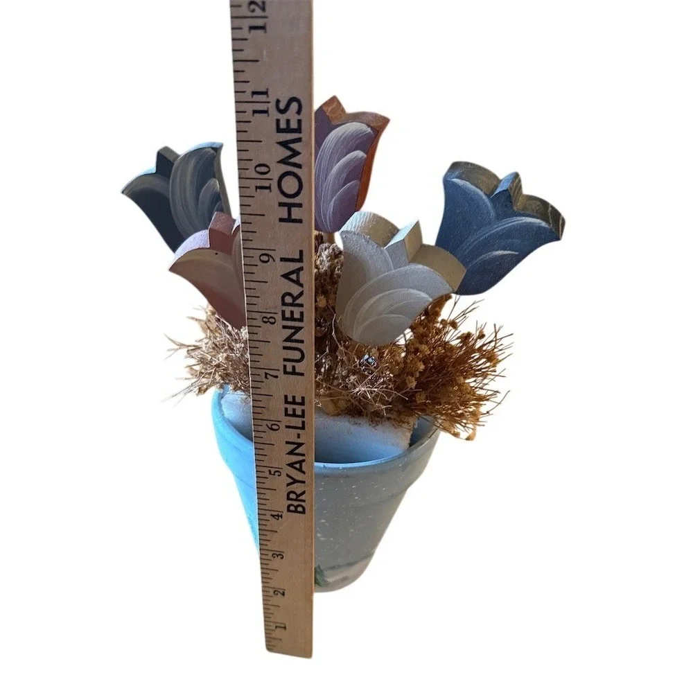 Hand-Painted Wooden Tulip‎ Floral Arrangement Winter Scene Pot w/ Dried flowers